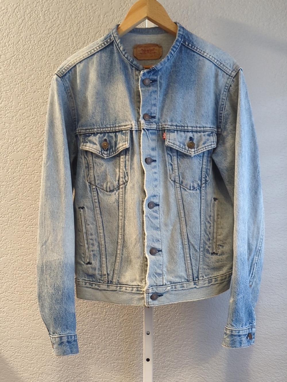 VTG 1987 Levi's 71506 0214 Custom Collarless Denim Trucker Jacket 42L USA